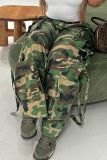 Army Green Casual Camouflage Print Pocket Loose Mid Waist Conventional Full Print Bottoms