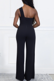 Black Sexy Solid Color Metal Accessories Trim Oblique Collar Regular Jumpsuits