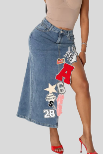 Light Blue Sexy Letters Embroidered High Slit Mid Waist Patchwork Bottoms