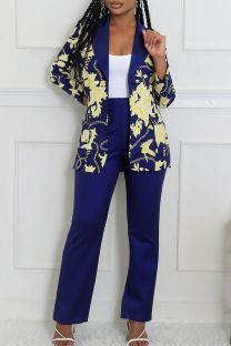 Blue Casual Print Turn-back Collar Long Sleeve Two Pieces