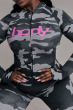 Pink Casual Leopard Print Zipper Hooded Long Sleeve Two Pieces