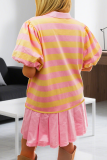 Pink Casual Stripe Contrast Turndown Collar Plus Size Dresses