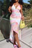 Colour Sexy Print Spaghetti Strap Irregular Dresses