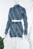 Blue Street Tassel Patchwork Weave O Neck Long Sleeve Two Pieces