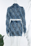 Blue Street Tassel Patchwork Weave O Neck Long Sleeve Two Pieces