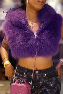Purple Sexy Solid Color Zipper Hooded Tops