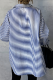 Blue Casual Stripe Buckle Shirt Collar Plus Size Tops