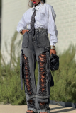 Black Casual Solid Color Ripped Mid Waist Loose Denim Jeans