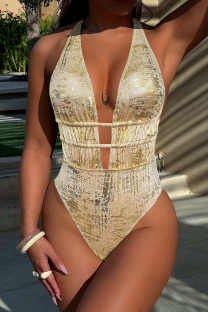Gold Sexy Solid Color Backless Swimwears