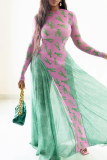 Pink Elegant Print Contrast O Neck Long Dresses