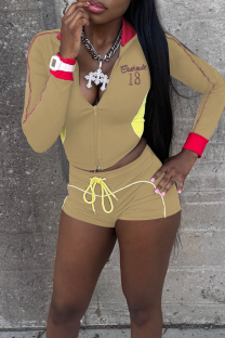 Camel Casual Letters Embroidered Zipper Zipper Collar Long Sleeve Two Pieces