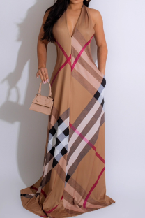 Khaki Sexy Plaid Backless Halter Long Dresses