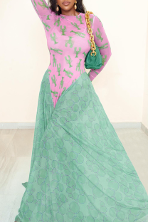 Pink Elegant Print Contrast O Neck Long Dresses