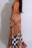 Khaki Sexy Plaid Backless Halter Long Dresses