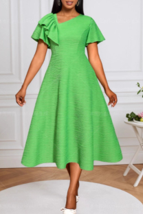 Green Casual Solid Color Flounce Asymmetrical Collar A Line Dresses