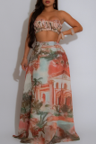 Multicolor Sexy Print Ruched Strapless Sleeveless Two Pieces