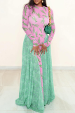 Pink Elegant Print Contrast O Neck Long Dresses