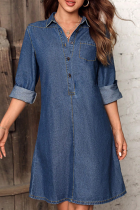 Deep Blue Casual Solid Color Buckle Turndown Collar Long Sleeve Loose Denim Dresses