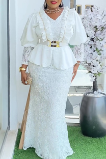 White Elegant Solid Color Lace V Neck Long Plus Size Dresses