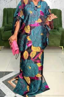 Blue Casual Flowers Patchwork V Neck Long Dresses