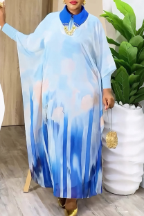 Blue Casual Print Patchwork Turndown Collar Long Sleeve Two Pieces