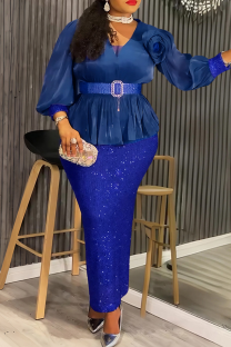 Blue Elegant Solid Color Sequins With Belt V Neck Long Plus Size Dresses