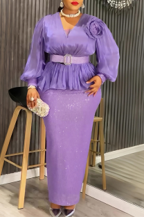 Purple Elegant Solid Color Sequins With Belt V Neck Long Plus Size Dresses