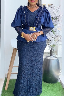 Deep Blue Elegant Solid Color Lace V Neck Long Plus Size Dresses