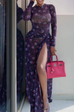 Dark Purple Elegant Print High Slit O Neck Long Dresses