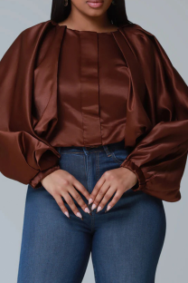 Brown Casual Solid Color Zipper O Neck Outerwear