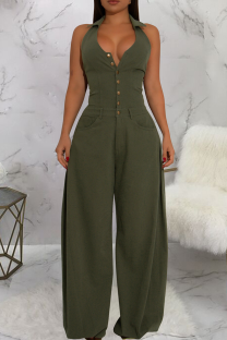 Army Green Casual Solid Color Buckle Turndown Collar Loose Jumpsuits