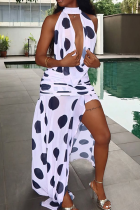 White Sexy Polka Dot High Slit O Neck Long Dresses