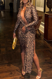 Leopard Print Sexy Leopard Print High Slit Deep V Neck Long Dresses