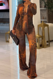 Leopard Print Casual Print Buckle Turndown Collar Long Sleeve Two Pieces