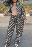 Grey Casual Plaid Jacquard Zipper O Neck Long Sleeve Two Pieces