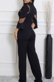 Black Sexy Solid Color See-Through O Neck Bodycon Jumpsuits