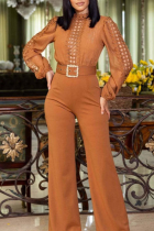 Light Brown Casual Solid Color Hollow Out With Belt O Neck Bodycon Jumpsuits