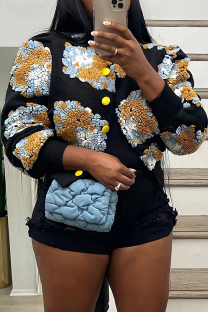 Black Casual Buckle Flower Shape O Neck Outerwear