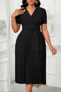 Black Elegant Solid Color With Belt Pleated V Neck Long Dresses