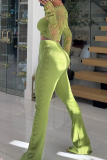 Green Casual Solid Color Hollow Out O Neck Long Sleeve Three Pieces