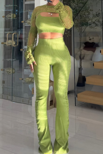 Green Casual Solid Color Hollow Out O Neck Long Sleeve Three Pieces