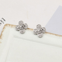 White Silver Daily Four Leaf Clover Rhinestone Decor Earrings
