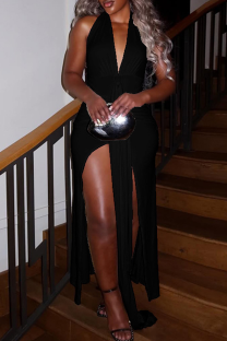 Black Sexy Solid Color Ruched Deep V Neck Long Dresses