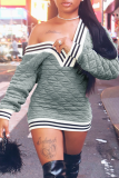 Grey Casual Stripe Deep V Neck Wrapped Skirt Dresses