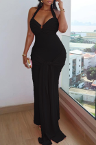 Black Sexy Solid Color Backless Ruched Halter Long Dresses