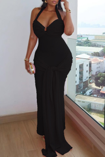 Black Sexy Solid Color Backless Ruched Halter Long Dresses