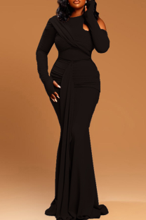 Black Sexy Solid Color Hollow Out O Neck Long Dresses