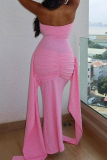 Pink Sexy Solid Color Backless Ruched Halter Long Dresses