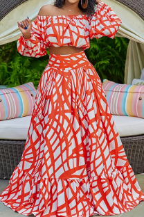 Red Elegant Print Contrast Off Shoulder A Line Plus Size Two Pieces