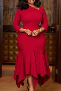 Red Elegant Solid Color Patchwork Oblique Collar Irregular Dresses